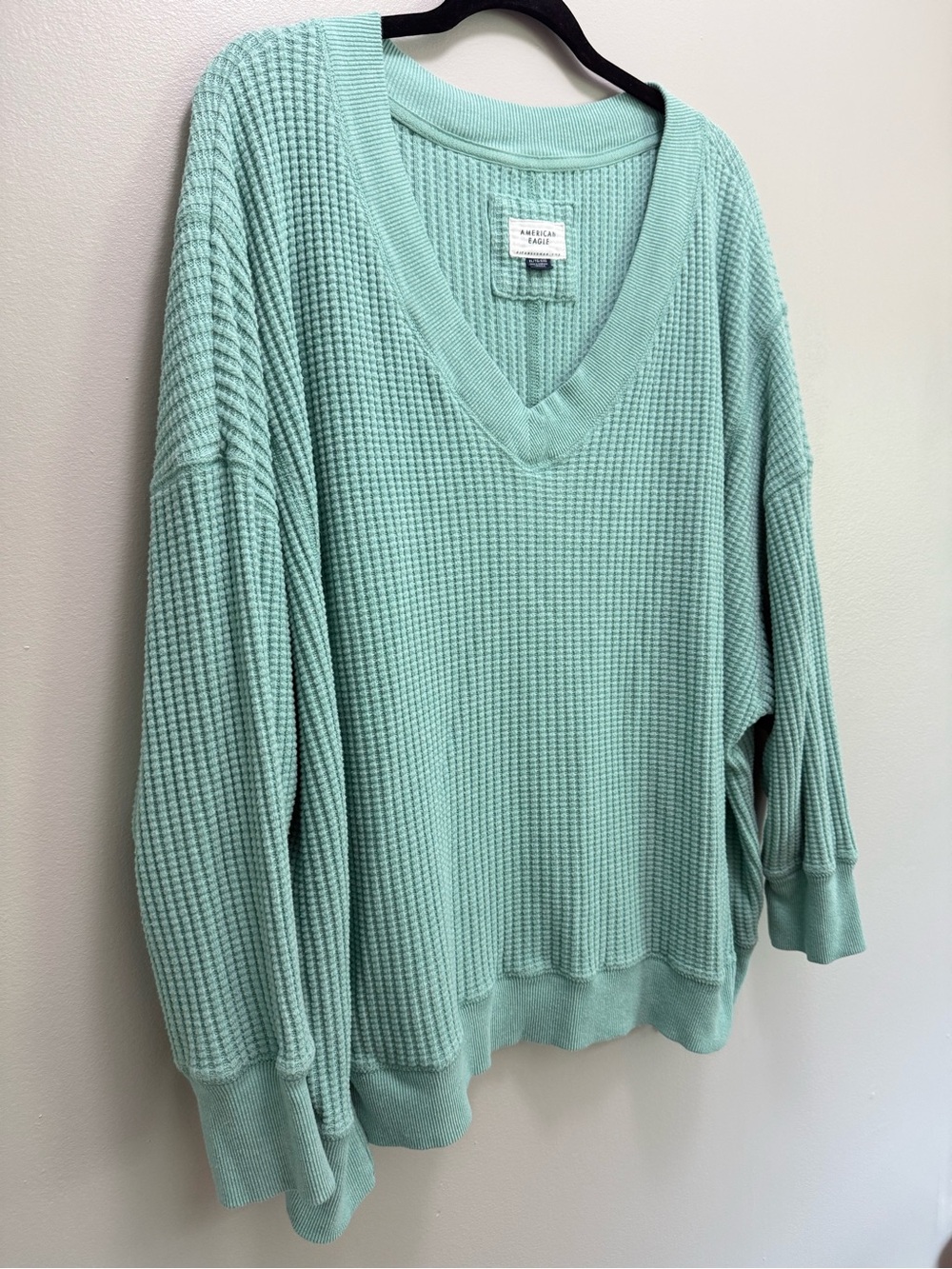 American Eagle Outfitters Light Mint Oversized Waffle-Knit V-Neck Sweater